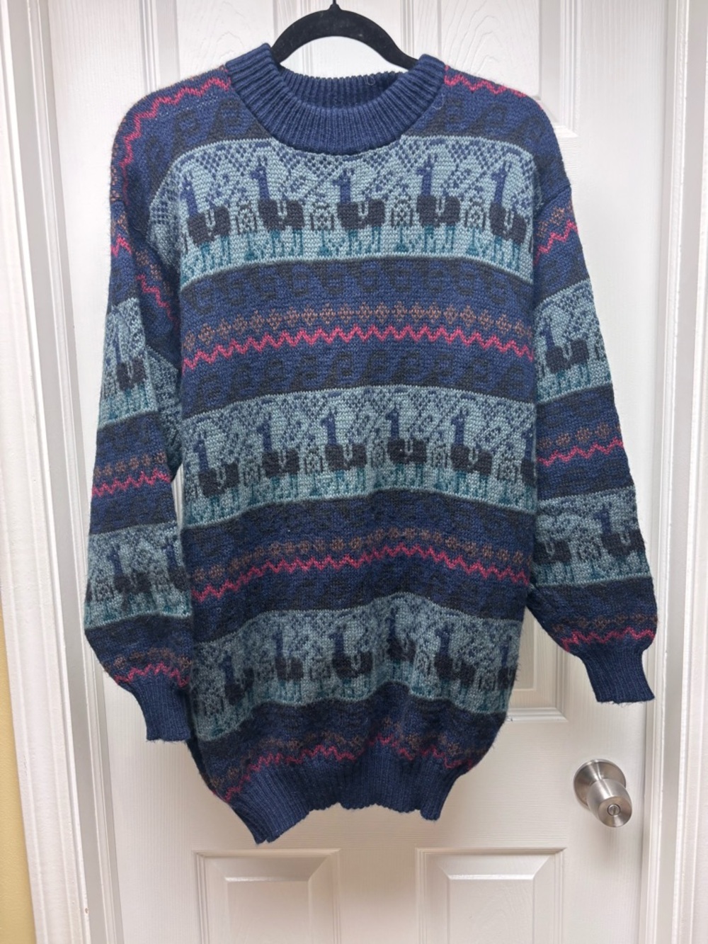 Sweater Blue Green Llama Crewneck Pullover Unisex Soft Knit Vintage